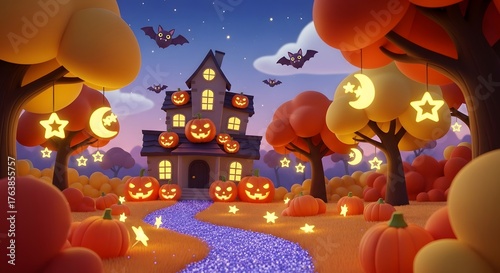 A halloween scene with a haunted house pumpkins bats trees and glowing moons and stars decoration