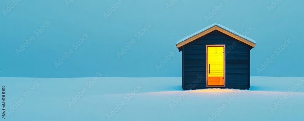 Naklejka premium Illuminated Cabin in Winter Landscape,Warmth, Solitude