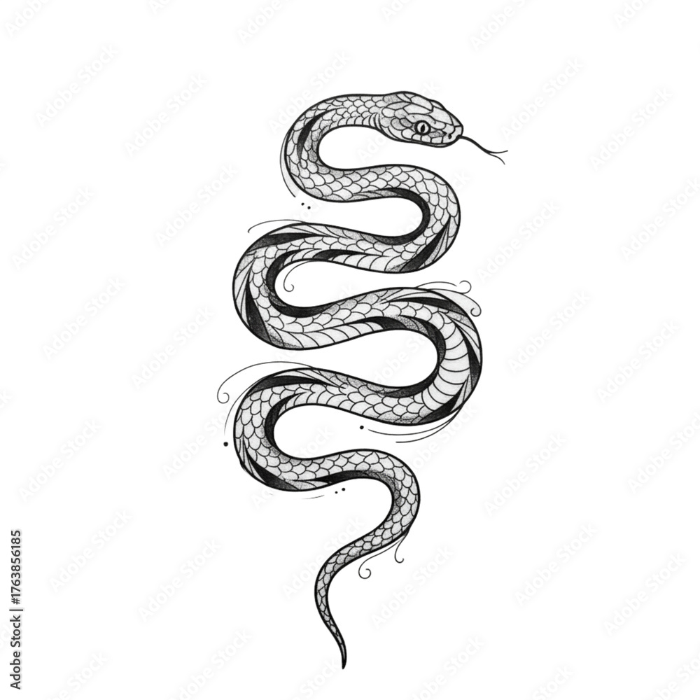 Fototapeta premium Elegant Serpent Illustration, Black and White, Intricate Design, Minimalist Background with copy space
