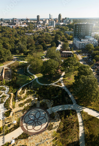 Aerial view of Gipson Play Plaza playground and downtown Raleigh NC skyline in the distance