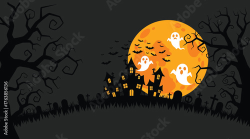 Vector art of halloween scene with ghosts, bats, and a haunted house under a full moon, surrounded by spooky trees and tombstones, creating a chilling and festive atmosphere