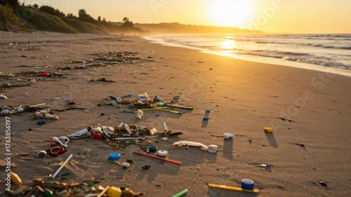 Trash and plastic bottles on empty beach. Ocean pollution, environmental damage, marine litter, tourism waste, dirty coastline, plastic crisis, global ecological problem