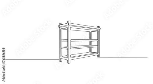 Simple wooden shelving unit in minimalist line art style  