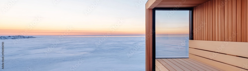 Fototapeta premium Minimalist Sauna Interior Frozen Sea, Sunset View, nordic , relaxation
