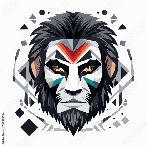 Stylized vector illustration of a warrior man's face with a dark mane, expressive golden eyes, and tribal markings on a geometric background