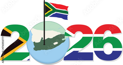 Geometric South Africa 2026 Unity Vector: Multicolor Flag Palette Infused Numerals with Integrated RSA Map Globe for Vision and Infographic