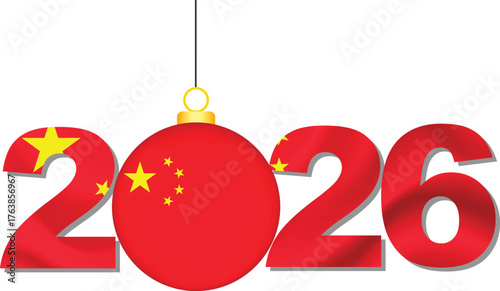 Festive China 2026 Vector:Integrated Flag Numeral Design with Glossy National Ornament Bauble for Year-End Celebration and Global Milestone