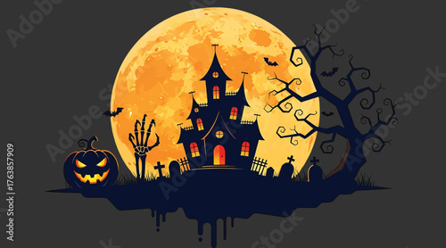 Vector art of a spooky halloween night scene with a haunted house in front of a full moon, a pumpkin, a zombie hand, and tombstones, creating a scary and festive atmosphere