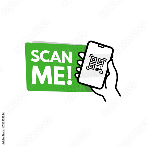 Scan me banner with hand holding smartphone and qr code