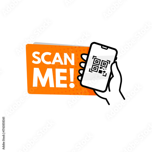 Scan me banner with hand holding smartphone and qr code