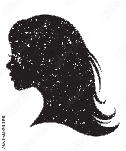 Grunge Silhouette of Woman Profile with Textured Black Design.