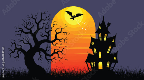 Vector art of a spooky halloween night scene featuring a haunted house silhouetted against a full moon, with a bat flying across the sky and a gnarled tree adding to the eerie atmosphere