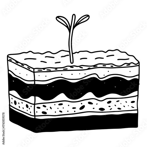 Illustration of soil layers with a small plant growing from the top layer in black and white style