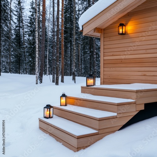 Winter Cabin Glow Lanterns Light Snow-Covered Steps of Wooden Home, Finland , Nordic