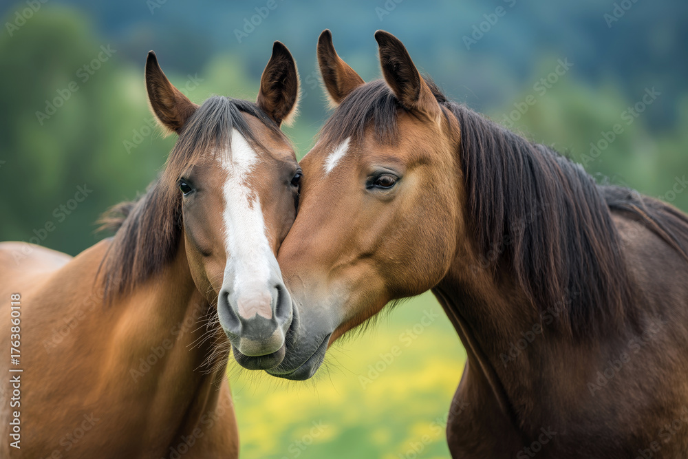 Naklejka premium Two horses nuzzling each other affectionately in a green pasture, warm and tender scene