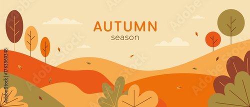 Autumn landscape. Minimalist modern banner. Abstract autumn hills and trees in warm orange and brown tones. Vector illustration.