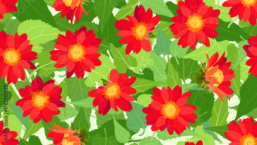 Background seamless pattern of red gerbera flowers and green leaves vector illustration