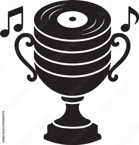 Music competition trophy black and white illustration with vinyl record and notes for musicians and sound artists