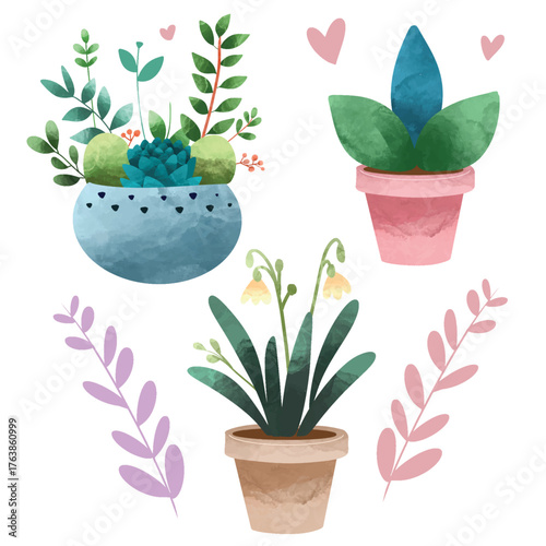 Potted plants set. Interior houseplants in planters, baskets, flowerpots. Home indoor green decor. Set collection vector illustration watercolor 