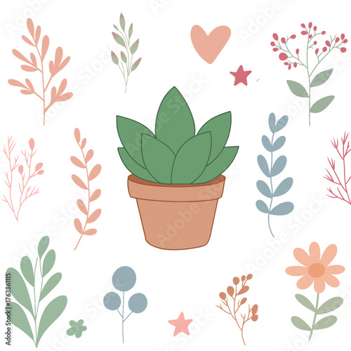 Potted plants set. Interior houseplants in planters, baskets, flowerpots. Home indoor green decor. Set collection vector illustration watercolor 