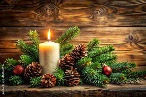 Rustic candle surrounded by festive greenery and berries.