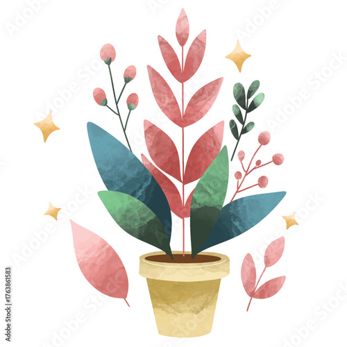 Potted plants set. Interior houseplants in planters, baskets, flowerpots. Home indoor green decor. Set collection vector illustration watercolor 