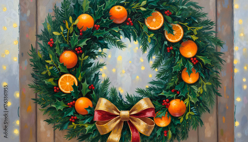 Watercolor wreath with oranges and red ribbon on festive background