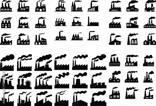 Factory with Smoke Coming Icon Set Industrial Plant Emission Vector Collection