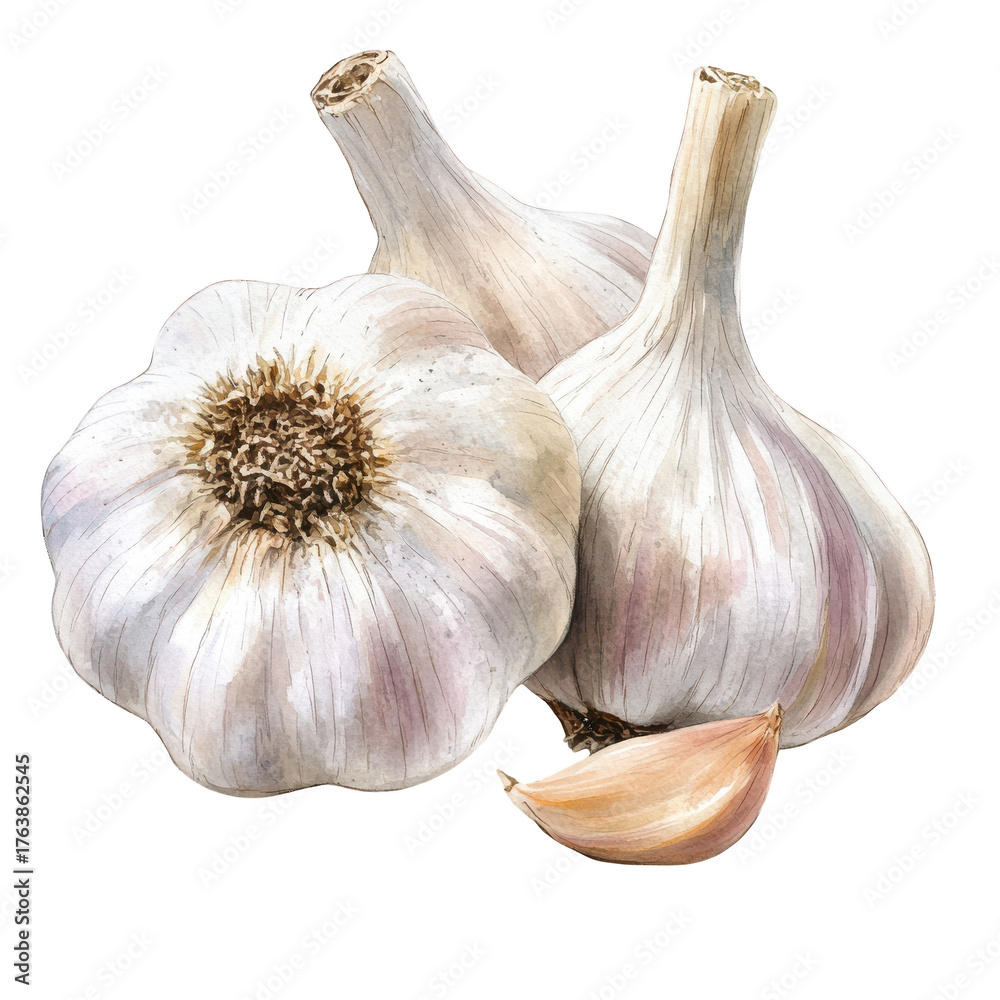 Obraz premium Watercolor Illustration of Three Garlic Bulbs and One Clove on Transparent Background isolated on a transparent background