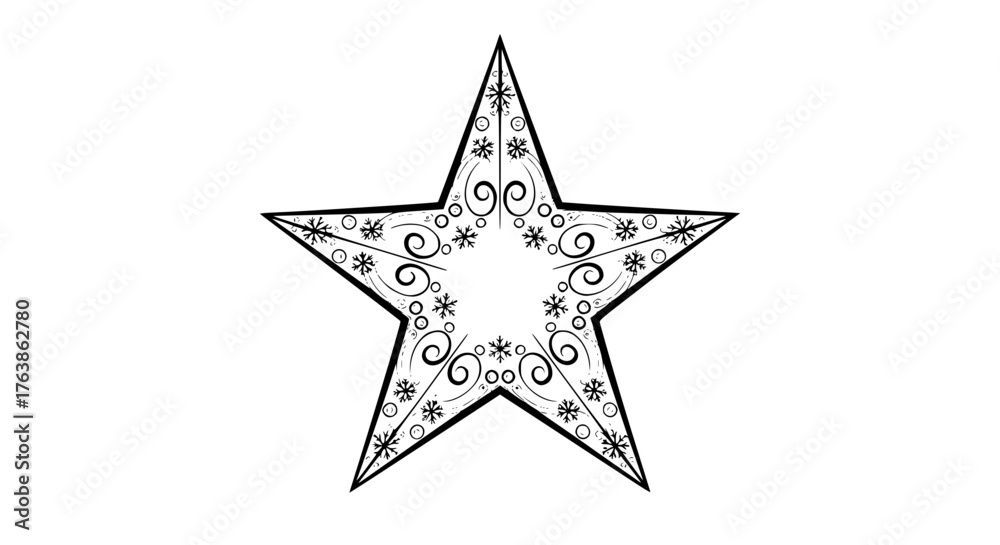 Obraz premium Elegant hand-drawn Christmas star in black and white, decorative outline, ideal for greeting cards and branding