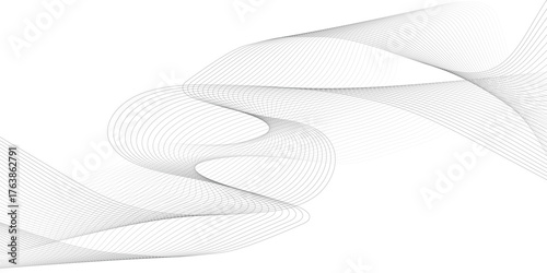 Abstract black smooth wave on a white background. Dynamic sound wave. Design element. Vector illustration. Undulate Grey Wave Swirl, frequency sound wave, twisted curve lines with blend effect.	