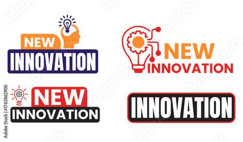 Set of four graphic design elements featuring the words new innovation and innovation with lightbulb icons representing ideas and creativity