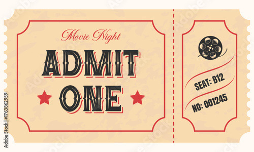 Vintage Movie Night Ticket, Retro Admit One Cinema Coupon Design