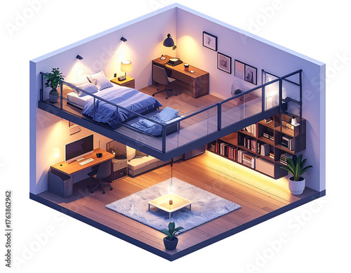  Modern Studio Apartment Interior with Minimalist Furniture, Wide Angle View, isolated transparent background png