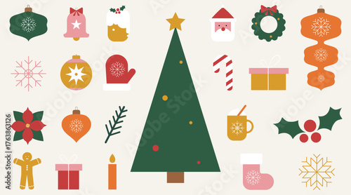 A set of minimalist geometric Christmas elements. Retro-style New Year's icons. Vector.