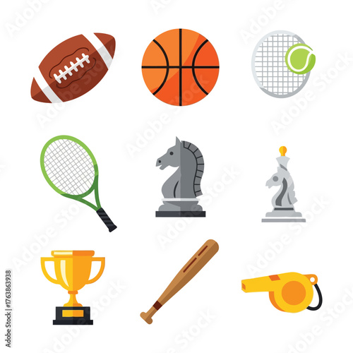 Vector illustration of sports equipment and trophy icons