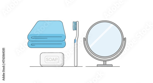 Stacked towels soap toothbrush and a mirror on a white background