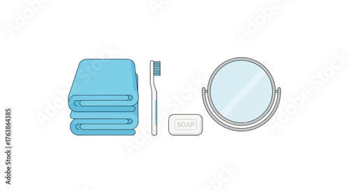 Bathroom items folded towels toothbrush soap and mirror