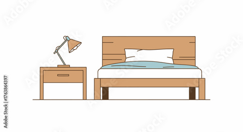 A wooden bed and nightstand with a lamp on the nightstand