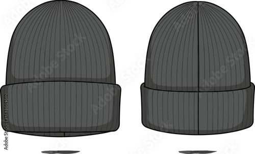 Black knit beanie hat front and back view illustration, ribbed winter cap design, folded brim warm fashion accessory vector art