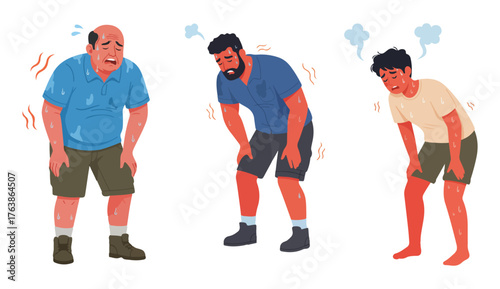 Three men experiencing heat exhaustion, sweating profusely and looking fatigued.