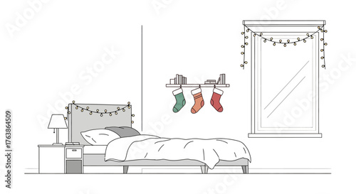 A bedroom with a bed nightstand shelf with stockings and a window