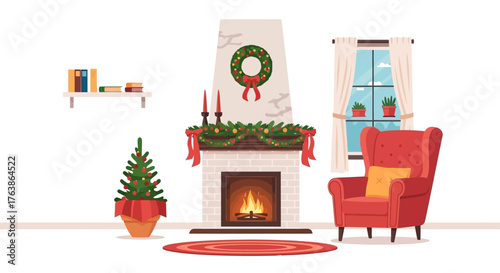 Cozy Christmas scene with a fireplace armchair and Christmas tree