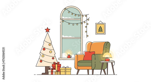 cozy Christmas scene with tree presents armchair and window