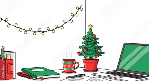 Desk with holiday decorations and laptop