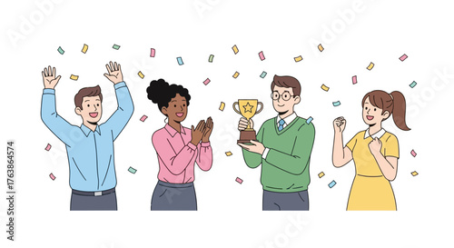 Four diverse people celebrating with confetti and a trophy