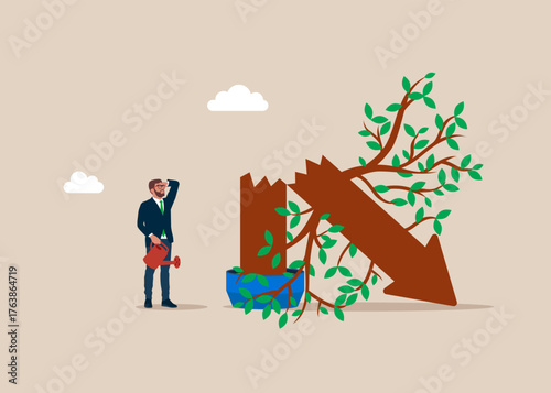 Crisis. Businessman with the broken tree looks like an arrow down. Stock market crash. Survive investment crash, crisis or recession, pushing back. Economic recession. Vector flat illustration