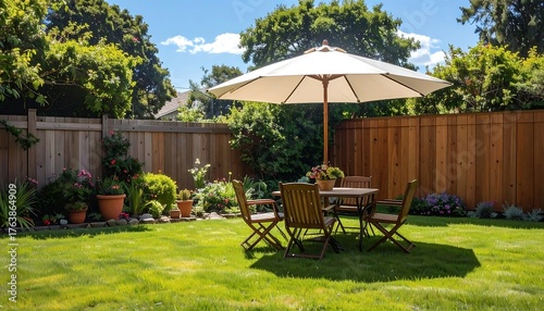 Backyard scene with patio furniture beneath a large parasol