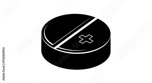 Black and white illustration of a pill with a cross symbol representing medicine or health.