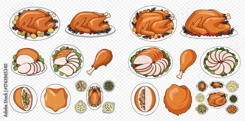 A collection of cartoon illustrations of roasted turkey and turkey dishes.